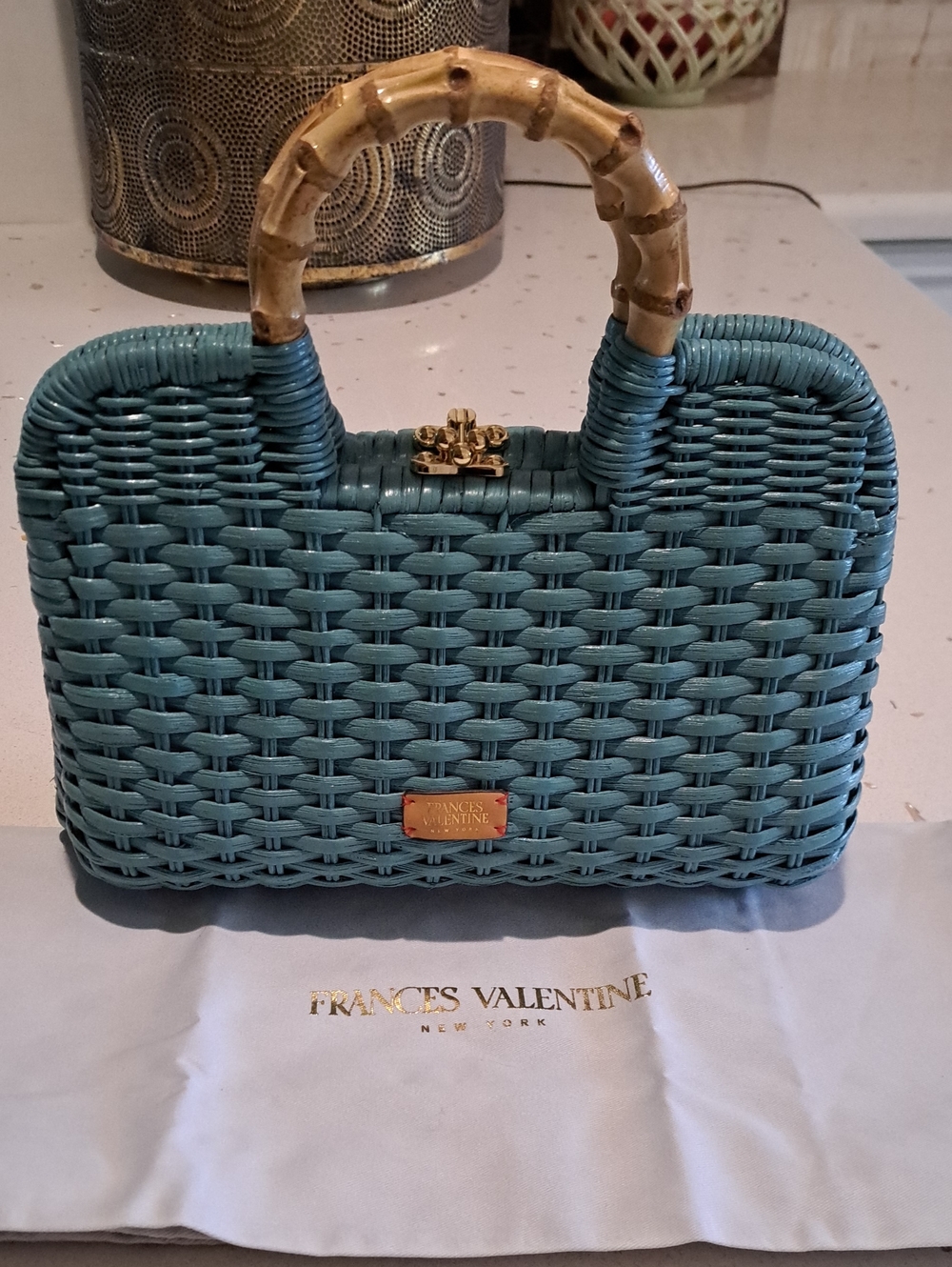 Frances Valentine Teal Buzzy Basket Woven Tote with Bamboo Top Handle